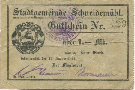 Schneidemühl (heute: PL-Pila) - Stadt - 12.8.1914 - 15.2.1915 - 1 Mark 