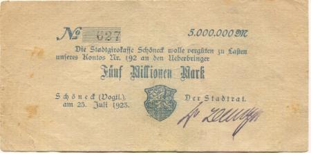 Schöneck - Stadt - 25.7.1923 - 5 Millionen Mark 