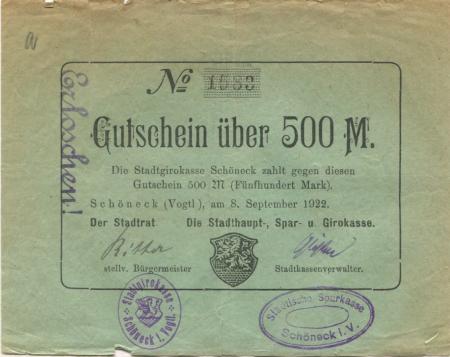 Schöneck - Stadtrat und Stadthaupt-, Spar- und Girokasse - 8.9.1922 - 500 Mark 