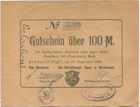 Schöneck - Stadtrat und Stadthaupt-, Spar- und Girokasse - 26.9.1922 - 100 Mark 