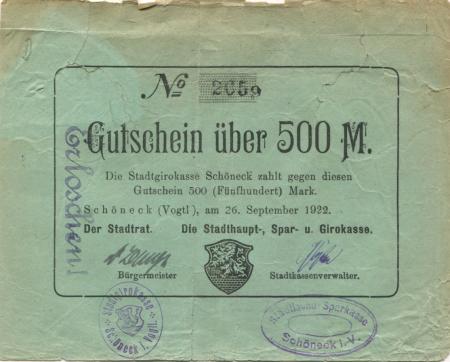 Schöneck - Stadtrat und Stadthaupt-, Spar- und Girokasse - 26.9.1922 - 500 Mark 