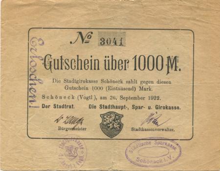 Schöneck - Stadtrat und Stadthaupt-, Spar- und Girokasse - 26.9.1922 - 1000 Mark 