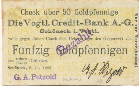 Schöneck - Petzold, G. A., Seifenfabrik - 8.11.1923 - 50 Gold-Pfennig 