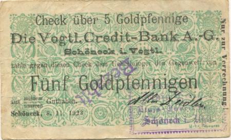 Schöneck - Zeidler, Albin, Etuis-Fabrikation - 8.11.1923 - 5 Gold-Pfennig 