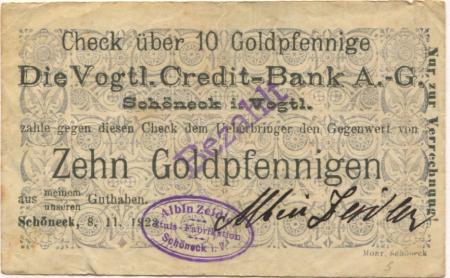 Schöneck - Zeidler, Albin, Etuis-Fabrikation - 8.11.1923 - 10 Gold-Pfennig 