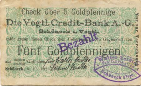Schöneck - Zeidler, Walter, Etuifabrikation - 8.11.1923 - 5 Gold-Pfennig 