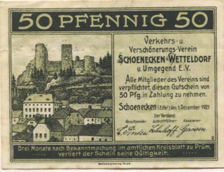 Schoenecken und Wetteldorf (heute: Schönecken) - Verkehrs- und Verschönerungs-Verein Schoenecken-Wetteldorf und Umgegend eV - 1.12.1921 - 50 Pfennig 