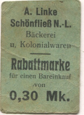 Schönfließ (heute: Mühlenbecker Land) - Linke, A., Bäckerei und Kolonialwaren - -- 0.30 Mark 