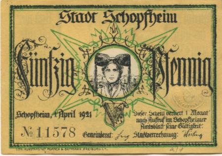 Schopfheim - Stadt - 1.4.1921 - 50 Pfennig 