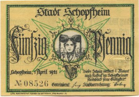 Schopfheim - Stadt - 1.4.1921 - 50 Pfennig 