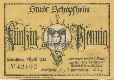 Schopfheim - Stadt - 1.4.1921 - 50 Pfennig 