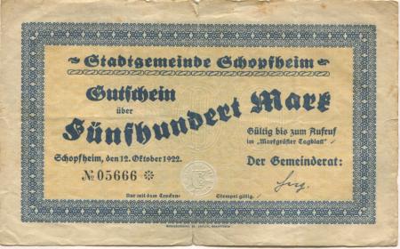 Schopfheim - Stadt - 12.10.1922 - 500 Mark 