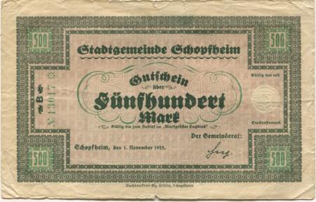 Schopfheim - Stadt - 1.11.1922 - 500 Mark 