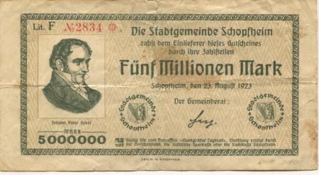 Schopfheim - Stadt - 23.8.1923 - 5 Millionen Mark 