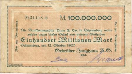 Schramberg - Junghans, Gebrüder, AG (Uhrenfabrik) - 12.10.1923 - 100 Millionen Mark 