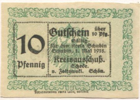 Schubin (heute: PL-Szubin) - Kreis - 1.5.1918 - 10 Pfennig 