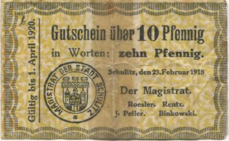 Schulitz (heute: PL-Solec Kujawski) - Stadt - 23.2.1918 - 1.4.1920 - 10 Pfennig 