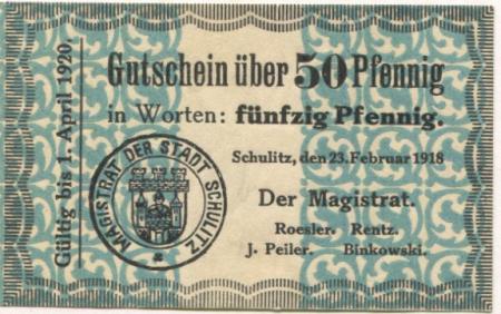 Schulitz (heute: PL-Solec Kujawski) - Stadt - 23.2.1918 - 1.4.1920 - 50 Pfennig 
