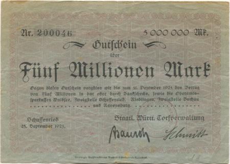 Schussenried - Staatlich Württembergische Torfverwaltung - 25.9.1923 - 5 Millionen Mark 