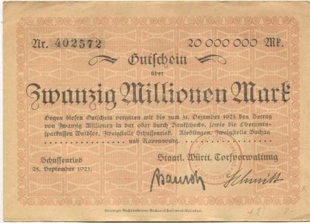 Schussenried - Staatlich Württembergische Torfverwaltung - 25.9.1923 - 20 Millionen Mark 
