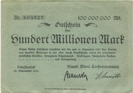 Schussenried - Staatlich Württembergische Torfverwaltung - 25.9.1923 - 100 Millionen Mark 
