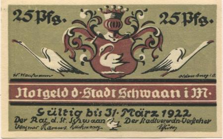 Schwaan - Stadt - - 31.3.1922 - 25 Pfennig 