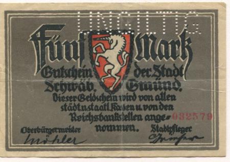 Schwäbisch Gmünd - Stadt - - 1.2.1919 - 5 Mark 