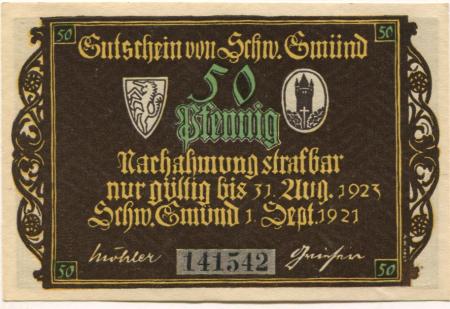 Schwäbisch Gmünd - Stadt - 1.9.1921 - 31.8.1923 - 50 Pfennig 