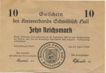 Schwäbisch Hall - Kreisverband - 16.4.1945 - 10 Mark 