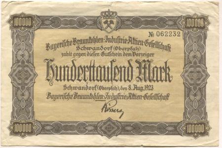 Schwandorf - Bayerische Braunkohlen-Industrie AG - 8.8.1923 - 100000 Mark 