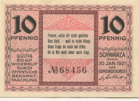 Schwarza (heute: Rudolstadt) - Gemeinde -  30.1.1921 - 10 Pfennig 