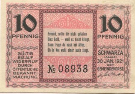 Schwarza (heute: Rudolstadt) - Gemeinde -  30.1.1921 - 10 Pfennig 
