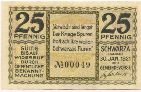 Schwarza (heute: Rudolstadt) - Gemeinde -  30.1.1921 - 25 Pfennig 