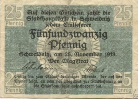 Schweidnitz (heute: PL-Swidnica) - Stadt - 28.11.1918 - 25 Pfennig 