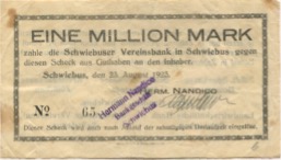 Schwiebus (heute: PL-Swiebodzin) - Nandico, Hermann, Bankgeschäft - 23.8.1923 - 1 Million Mark 