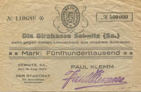 Sebnitz - Klemm, Paul, Blumenfabrik, Weberstr. 4 - 15.8.1923 - 500000 Mark 