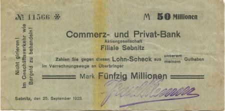 Sebnitz - Klemm, Paul, Blumenfabrik, Weberstr. 4 - 25.9.1923 - 50 Millionen Mark 