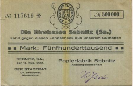 Sebnitz - Papierfabrik AG, Schandauer Str. 17 - 15.8.1923 - 500000 Mark 