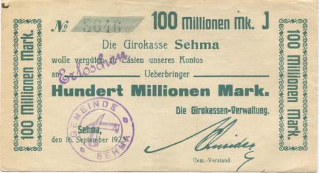Sehma (heute: Sehmatal) - Girokasse - 16.9.1923 - 100 Millionen Mark 