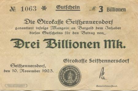 Seifhennersdorf - Girokasse - 10.11.1923 - 3 Billionen Mark 