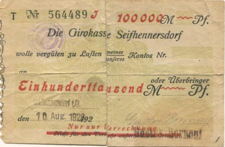 Seifhennersdorf - Hornauf, Gustav, Bekleidungsfabrik - 10.8.1923 - 100000 Mark 