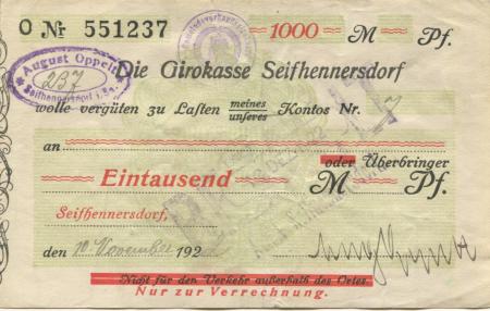 Seifhennersdorf - Oppelt, August, Schuhwaren-Fabrik - 10.11.1922 - 1000 Mark 