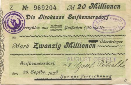 Seifhennersdorf - Oppelt, August, Schuhwaren-Fabrik - 20.9.1923 - 20 Millionen Mark 