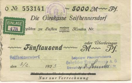 Seifhennersdorf - Zimmernann, Gebrüder, Leipziger Pianofortefabrik AG, Zweigfabrik Seifhennersdorf - 3.2.1923 - 5000 Mark 