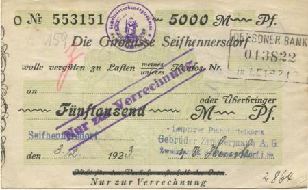 Seifhennersdorf - Zimmernann, Gebrüder, Leipziger Pianofortefabrik AG, Zweigfabrik Seifhennersdorf - 3.2.1923 - 5000 Mark 