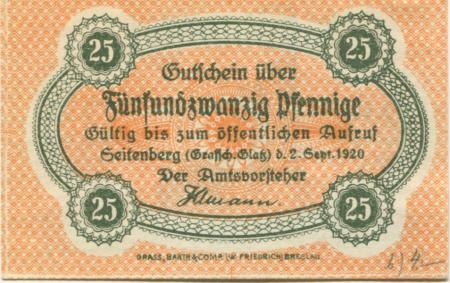 Seitenberg (heute: PL-Stronie Slaskie) - Amt - 2.9.1920 - 25 Pfennig 