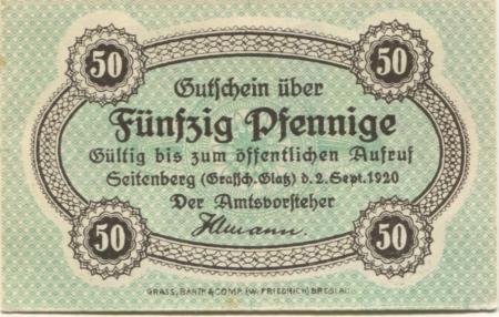 Seitenberg (heute: PL-Stronie Slaskie) - Amt - 2.9.1920 - 50 Pfennig 