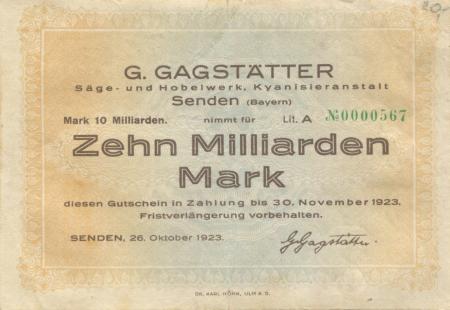 Senden - Gagstätter, G., Säge- und Hobelwerk, Kyanisieranstalt - 26.10.1923 - 30.11.1923 - 10 Milliarden Mark 