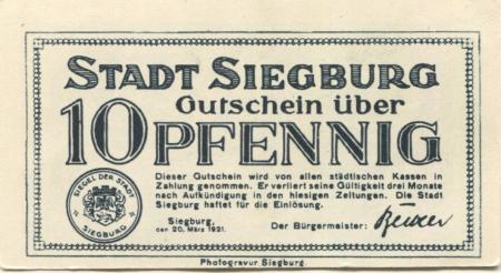 Siegburg - Stadt - 20.3.1921 - 10 Pfennig 