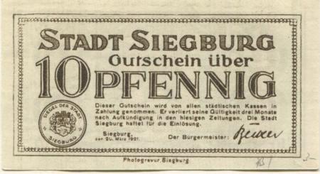 Siegburg - Stadt - 20.3.1921 - 10 Pfennig 